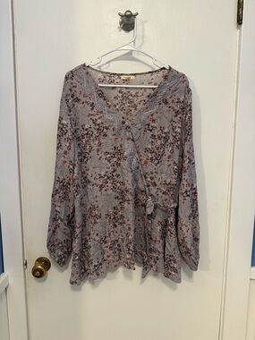 Maurices Boho Top 1X  Floral Faux Wrap Long Full Sleeves W/Crochet Details